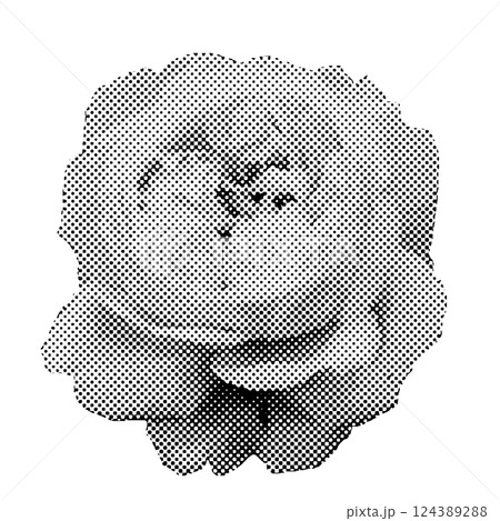Halftone close-up of a blooming flower, black and white botanical print of rose. Vector illustraion for posters, textiles, and graphic design. 124389288