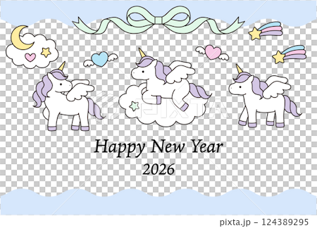 Cute unicorn New Year's card template. 2026, Year of the Horse, White Horse, Vector, Zodiac, Yumekawa 124389295