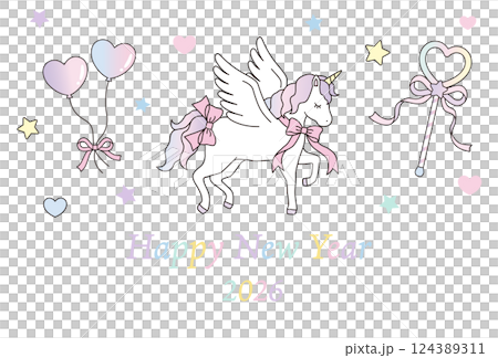Cute unicorn New Year's card template. 2026, Year of the Horse, White Horse, Vector, Zodiac, Yumekawa 124389311
