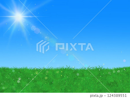 ギラギラの太陽と快晴の青空と芝生 124389551