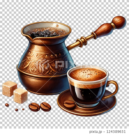 A beautifully crafted coffee pot and cup with sugar cubes. Watercolor clipart A beautifully crafted coffee pot and cup with sugar cubes. Watercolor clipart 124389631