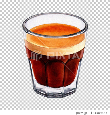 A delightful coffee drink served in a clear glass. Watercolor clipart A delightful coffee drink served in a clear glass. Watercolor clipart 124389643