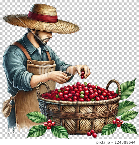 A farmer harvesting coffee cherries in a picturesque setting. Watercolor clipart 124389644