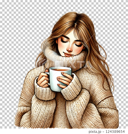 A woman enjoys a cozy moment with a warm cup of tea. Watercolor clipart 124389654