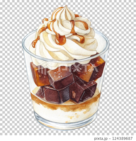 Delicious parfait with whipped cream and chocolate cubes. Watercolor clipart 124389687