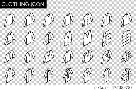 Simple isometric line icon of winter clothing, clothes such as long-sleeved shirts, jackets and coats (black and white) 124389785