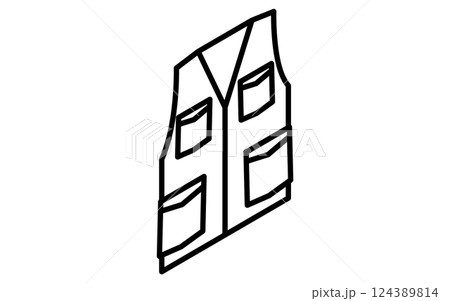 フィッシングベスト、服のシンプルなアイソメ線画アイコン(白黒) フィッシングベスト、服のシンプルなアイソメ線画アイコン(白黒) 124389814