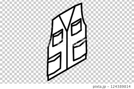 フィッシングベスト、服のシンプルなアイソメ線画アイコン(白黒) フィッシングベスト、服のシンプルなアイソメ線画アイコン(白黒) 124389814