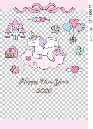 Cute unicorn New Year's card template. 2026, Year of the Horse, White Horse, Vector, Zodiac, Yumekawa 124389977