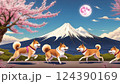 富士山と湖の前に咲く桜の前に集まっている色んな色の柴犬集団の幻想的なイラスト 124390169