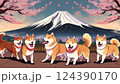 富士山と湖の前に咲く桜の前に集まっている色んな色の笑顔の柴犬集団のイラスト 124390170