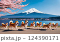 富士山と湖の前に咲く桜の前に一列に並んでいる柴犬集団 124390171