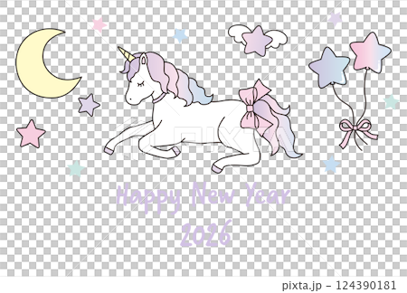 かわいいユニコーンの年賀状のテンプレート。2026年、午年、白馬、ベクター、干支、ゆめかわ 124390181