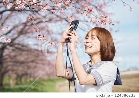 スマホで桜を撮影する女性 スマホで桜を撮影する女性 124390233