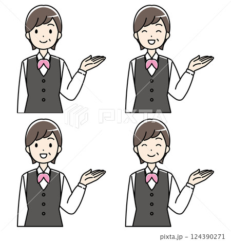 左手で案内する制服の中年女性カラーイラスト 124390271