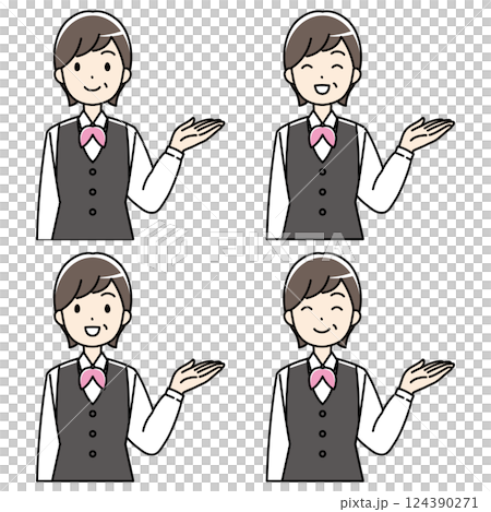 左手で案内する制服の中年女性カラーイラスト 124390271