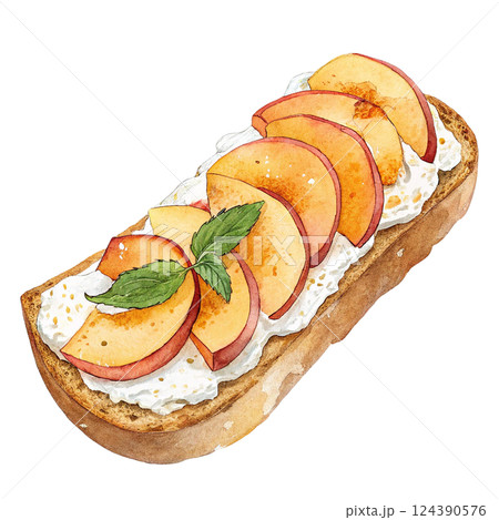 A delicious peach slice dessert on toasted bread with cream. 124390576