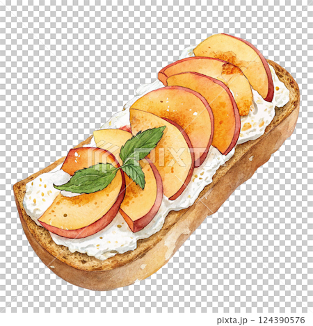A delicious peach slice dessert on toasted bread with cream. 124390576