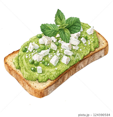 Delicious avocado toast topped with feta and mint leaves. 124390584