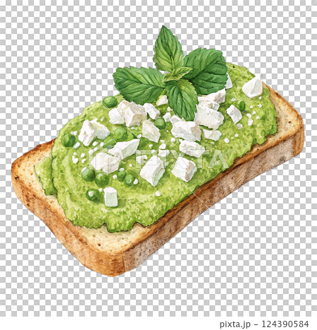 Delicious avocado toast topped with feta and mint leaves. 124390584