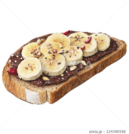 Delicious banana toast with chocolate spread on whole grain bread. 124390586