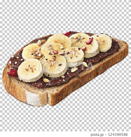 Delicious banana toast with chocolate spread on whole grain bread. 124390586