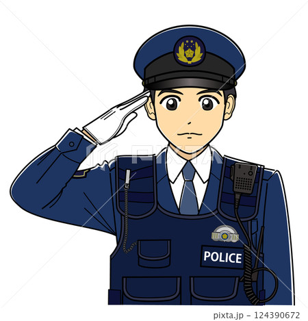 敬礼する防刃ベストを着た男性警察官 124390672