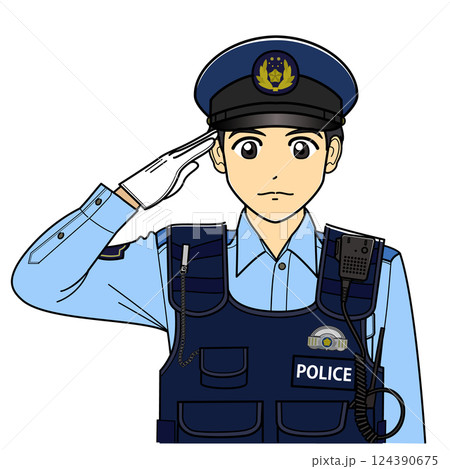 敬礼する防刃ベストを着た夏服の男性警察官 124390675