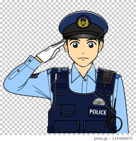 敬礼する防刃ベストを着た夏服の男性警察官 124390675