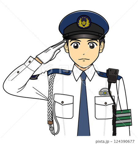 敬礼する白ワイシャツの男性警察官 124390677