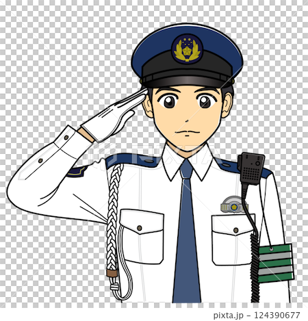 敬礼する白ワイシャツの男性警察官 124390677
