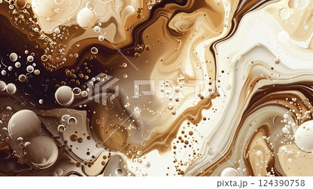 Abstract vector image with organic shapes, fluid movements, bubbles, and milk swirls blending into coffee. 124390758
