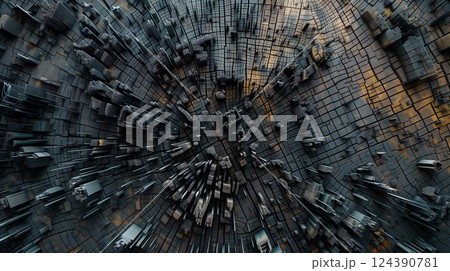 Urban aerial view blending natural landscapes with intricate cityscape patterns and textures. 124390781