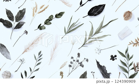 Hand drawn botanical designs on monochrome create a classic, versatile and artistic aesthetic 124390909