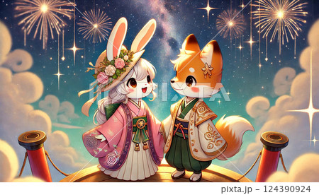 天の川でランデブーする織姫と彦星 124390924