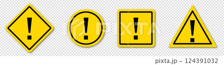 Set warning sign, alert icon. Danger warning attention sign. Exclamation point on yellow sign. Vector illustration on transparent background. Set warning sign, alert icon. Danger warning attention sign. Exclamation point on yellow sign. Vector illustration on transparent background. 124391032