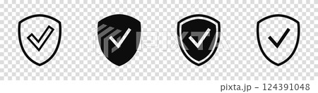 Shield check mark icon set. Protection approve sign. Safe icon. Tick and cross icons. Vector illustration on a transparent background. 124391048