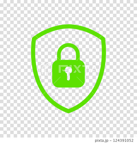 Icon or symbol of a shield with a closed padlock. Sign lock on a transparent background. Vector illustration. 124391052