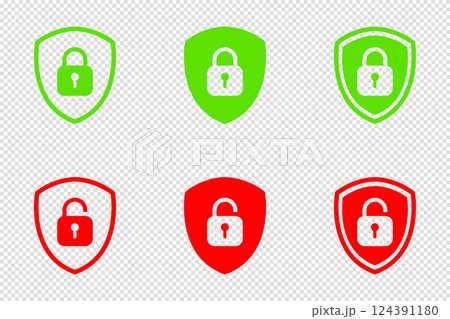 Set of Shield Lock and Unlock Icon. Symbol padlock. Vector sign Illustration. 124391180