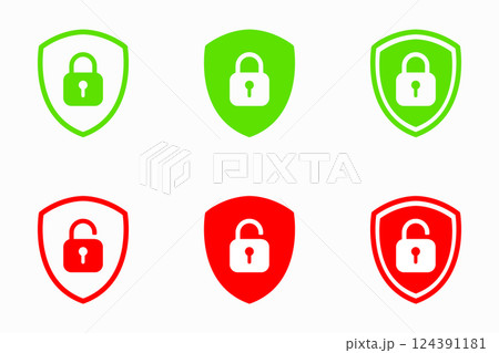 Set of Shield Lock and Unlock Icon. Symbol padlock. Vector sign Illustration. 124391181