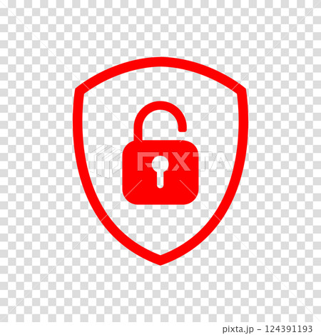 Red shield icon unlock padlock. Vector illustration with symbol on a transparent background. 124391193