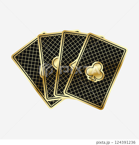 A fan of playing cards consisting of four black and golden Ace of Spades, Diamonds, Clubs, Hearts. Vector illustration poker and casino of all the aces on a white background. 124391236
