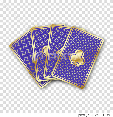 Fan four colorful playing cards. The backside cards are purple or lilac. Vector illustration on a transparent background. 124391239