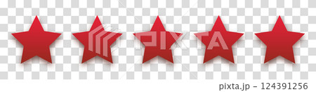 Star red icon on transparent background. Customer feedback concept. Vector 5 stars rating review. Quality shape design. Vector yellow isolated five stars. Star red icon on transparent background. Customer feedback concept. Vector 5 stars rating review. Quality shape design. Vector yellow isolated five stars. 124391256