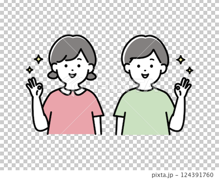 笑顔でグッドサインする男性と女性の子供のベクターイラスト 笑顔でグッドサインする男性と女性の子供のベクターイラスト 124391760