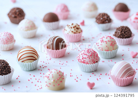 Vibrant pastel wrapped chocolate truffles, evoking a sweet and romantic, playful atmosphere 124391795