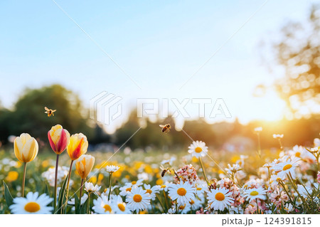 A bright spring garden with tulips, daisies and buzzing bees beneath a clear sky A bright spring garden with tulips, daisies and buzzing bees beneath a clear sky 124391815