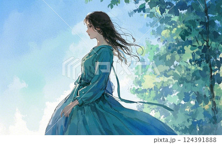 風に揺れる女性 124391888