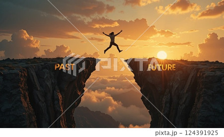 Silhouette Man Jumping from Past to Future on Cliff with Sunset Sky | Concept of Progress and Change. 124391925