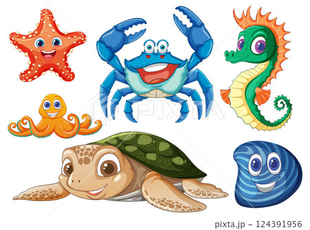 Colorful Sea Creatures Cartoon Illustration Colorful Sea Creatures Cartoon Illustration 124391956